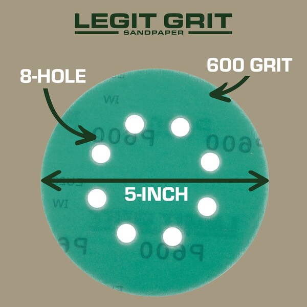 Legit Grit 5 inch Sand paper Disc, 8-Hole, 600 Grit, 100PK - LG5-8600-100