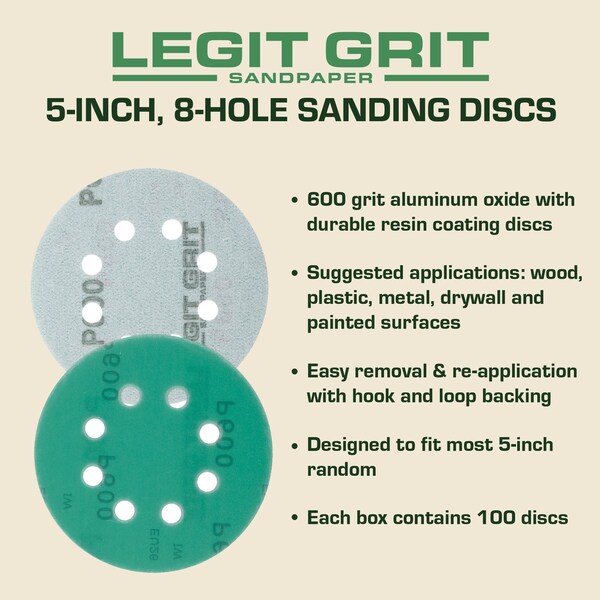 Legit Grit 5 inch Sand paper Disc, 8-Hole, 600 Grit, 100PK - LG5-8600-100