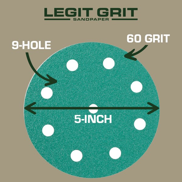 Legit Grit 5 inch Sand paper Disc, 9-Hole, 60 Grit, 150PK - LG5-960-150