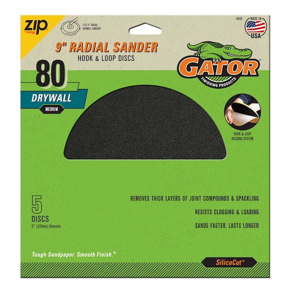 Gator Finishing 9" Zip SilicaCut Radial Drywall Sander Hook and Loop Discs, 80 Medium Grit - 6440