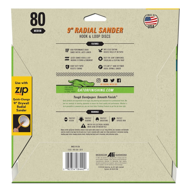 Gator Finishing 9" Zip SilicaCut Radial Drywall Sander Hook and Loop Discs, 80 Medium Grit - 6440