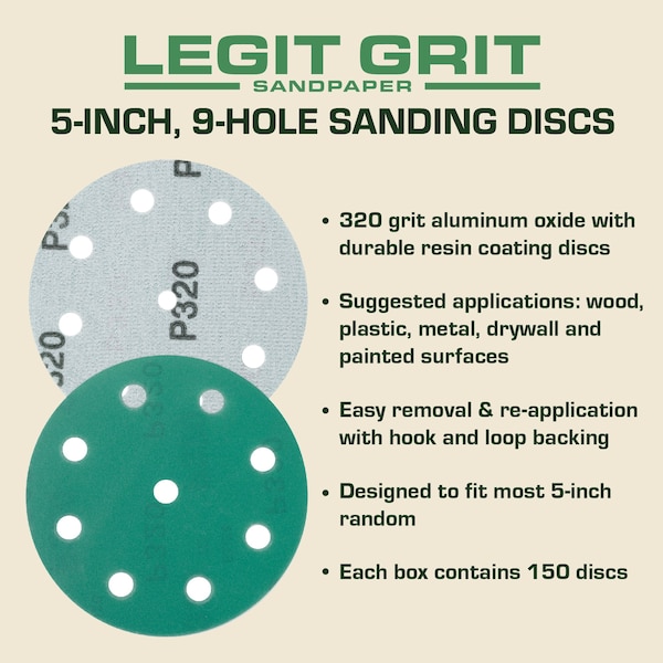 Legit Grit 5 inch Sand paper Disc, 9-Hole, 320 Grit, 150PK - LG5-9320-150