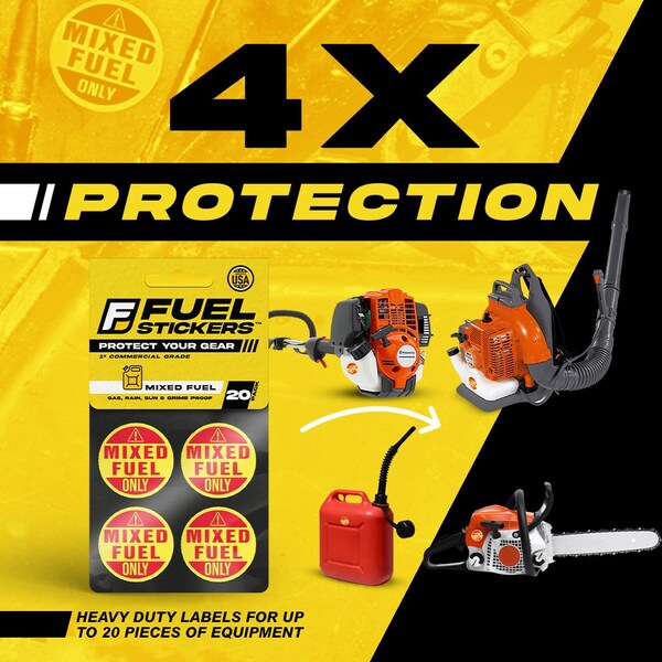 Fuel Stickers Mixed Fuel Sticker, 2-Cycle Label: Fuel Can & Outdoor Power Equip., Hvy-Dty, 1'' Dia, 20PK - Z-1RMFO-20PK