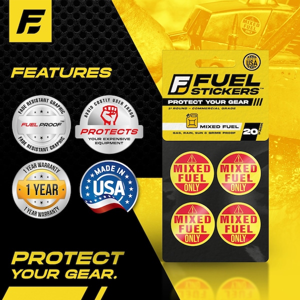Fuel Stickers Mixed Fuel Sticker, 2-Cycle Label: Fuel Can & Outdoor Power Equip., Hvy-Dty, 1'' Dia, 20PK - Z-1RMFO-20PK