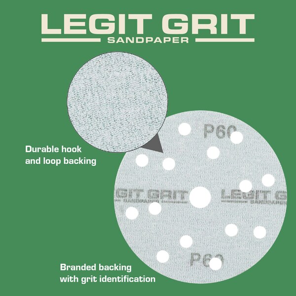 Legit Grit 6 inch Sand paper Disc, 15-Hole, 60 Grit, 100PK - LG6-1560-100