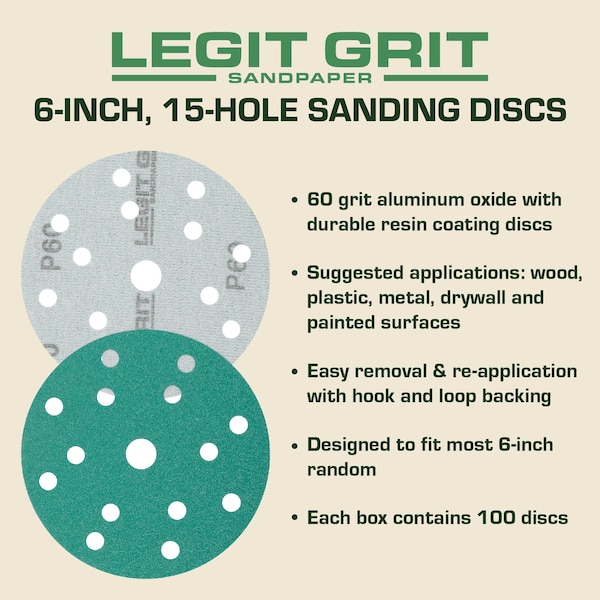 Legit Grit 6 inch Sand paper Disc, 15-Hole, 60 Grit, 100PK - LG6-1560-100