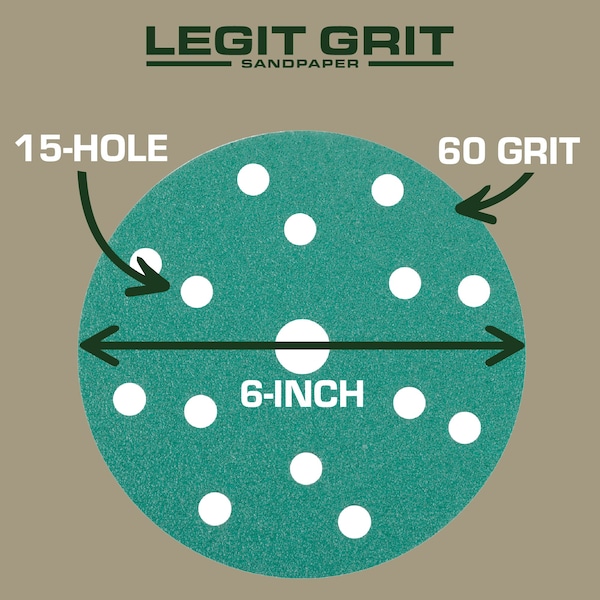 Legit Grit 6 inch Sand paper Disc, 15-Hole, 60 Grit, 100PK - LG6-1560-100