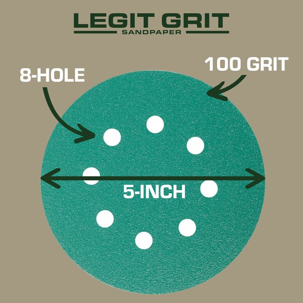Legit Grit 5 inch Sand paper Disc, 8-Hole, 100 Grit, 150PK - LG5-8100-150