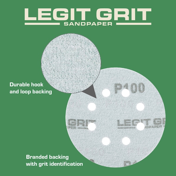 Legit Grit 5 inch Sand paper Disc, 8-Hole, 100 Grit, 150PK - LG5-8100-150