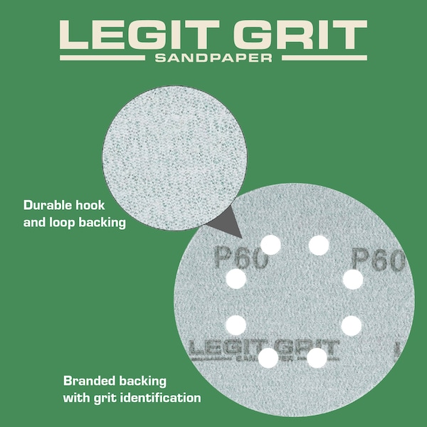 Legit Grit 5 inch Sand paper Disc, 8-Hole, 60 Grit, 100PK - LG5-860-100