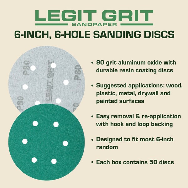 Legit Grit 6 inch Sand paper Disc, 6-Hole, 80 Grit, 50PK - LG6-680-50
