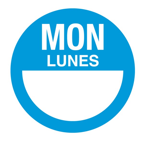 Nevs Dissolvable DaySpots - Monday/Lunes 1" circle White w/Blue - DDOT-MS1W