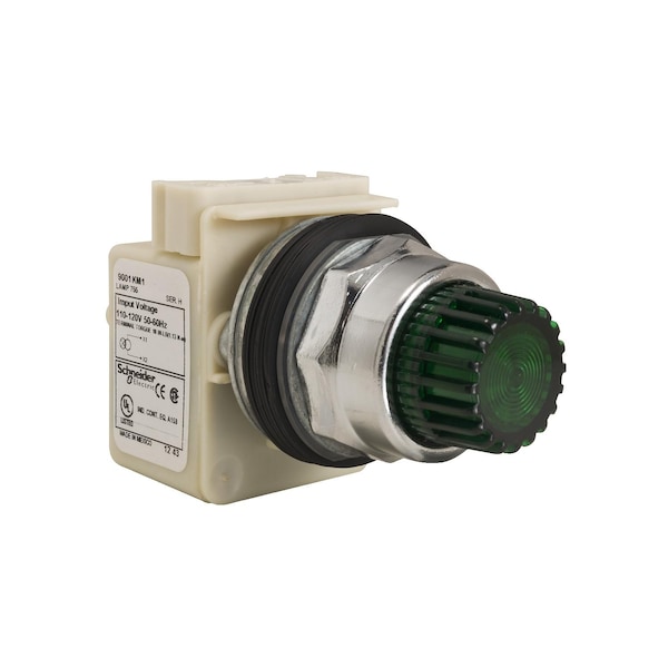 Cabeza de botón pulsador iluminado, Harmony 9001K, metálico, proyectando, verde, 30 mm, retorno por resorte, LED verde, 120V - 9001K2L38LGG