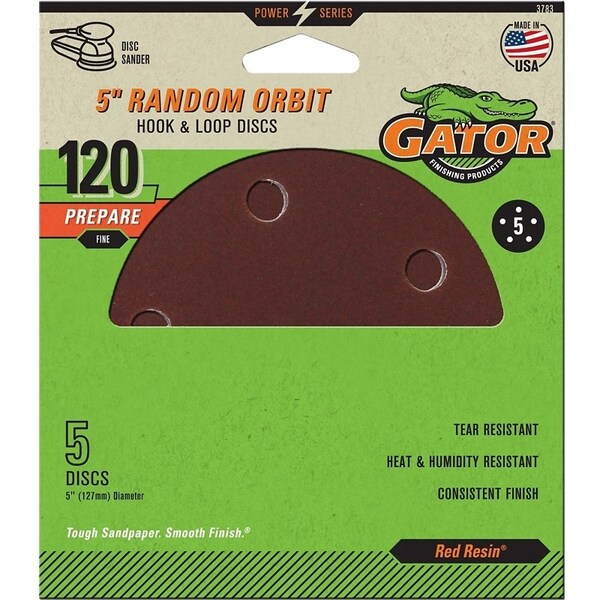 Gator Sanding Disc, 5 in Dia, 120 Grit, Fine, Aluminum Oxide Abrasive, Vented - 3783