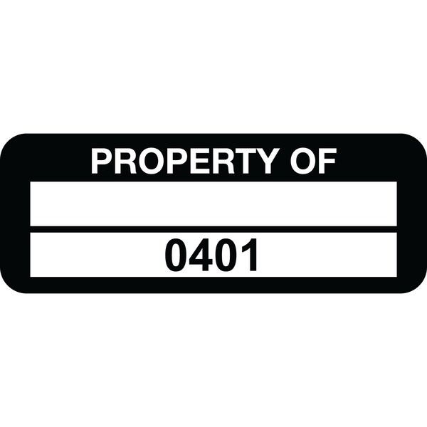 Lustre-Cal Property ID Label PROPERTY OF Polyester Blk 2in x 0.75in 1 Blank Pad&Serialized 0401-0500, 100PK - 253744PE2K0401