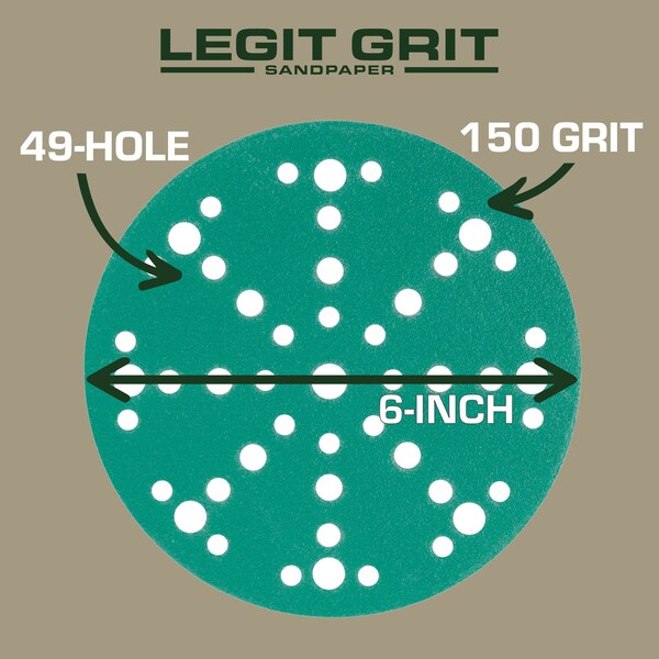 Legit Grit 6 inch Sand paper Disc, 49-Hole, 150 Grit, 100PK - LG6-49150-100