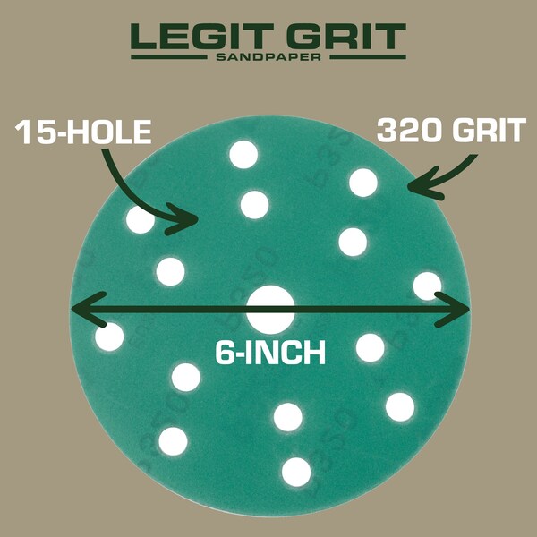Legit Grit 6 inch Sand paper Disc, 15-Hole, 320 Grit, 150PK - LG6-15320-150