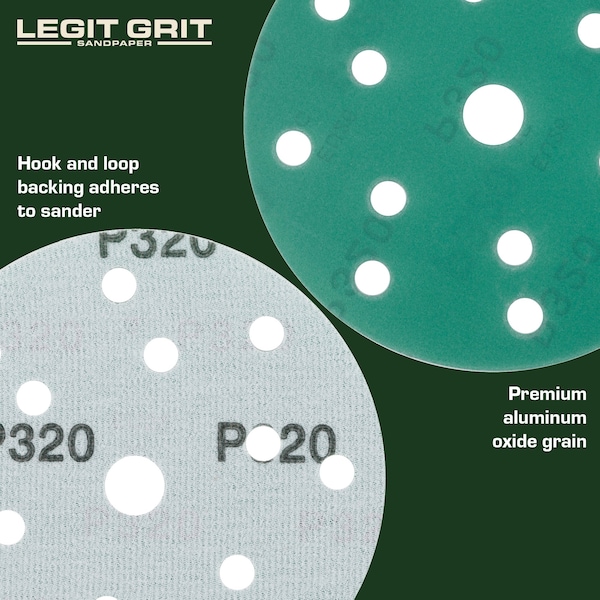 Legit Grit 6 inch Sand paper Disc, 15-Hole, 320 Grit, 150PK - LG6-15320-150