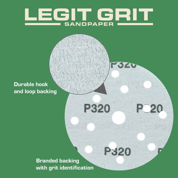 Legit Grit 6 inch Sand paper Disc, 15-Hole, 320 Grit, 150PK - LG6-15320-150