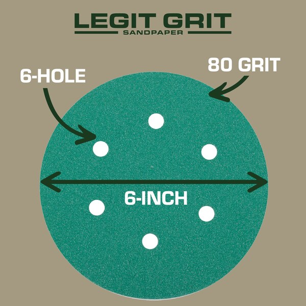 Legit Grit 6 inch Sand paper Disc, 6-Hole, 80 Grit, 100PK - LG6-680-100