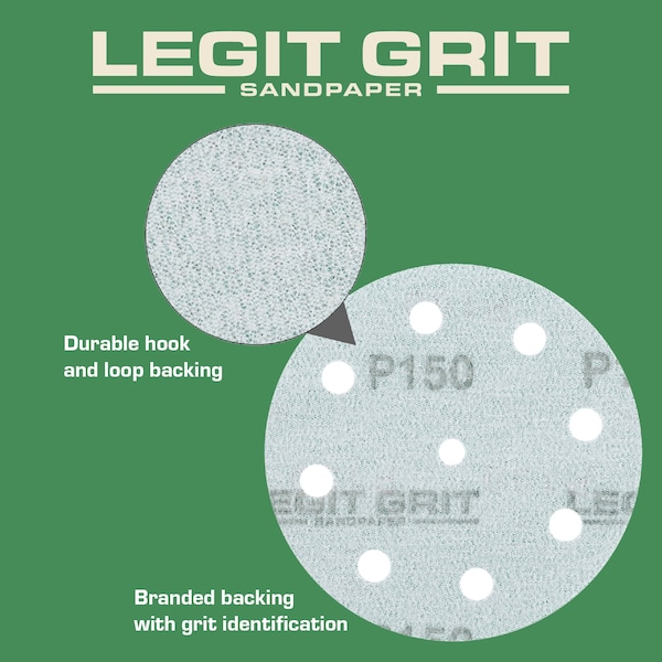 Legit Grit 5 inch Sand paper Disc, 9-Hole, 150 Grit, 50PK - LG5-9150-50