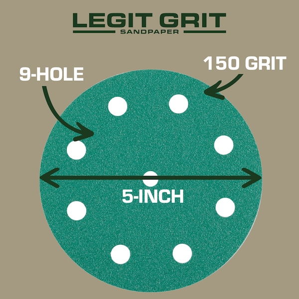Legit Grit 5 inch Sand paper Disc, 9-Hole, 150 Grit, 50PK - LG5-9150-50