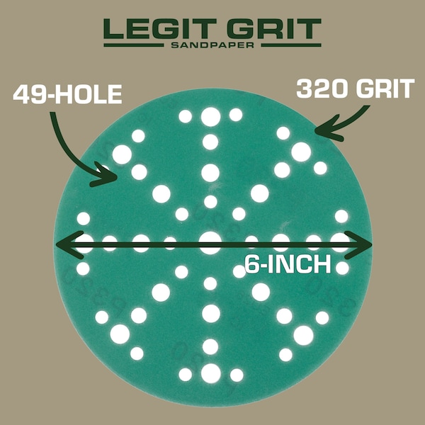 Legit Grit 6 inch Sand paper Disc, 49-Hole, 320 Grit, 100PK - LG6-49320-100