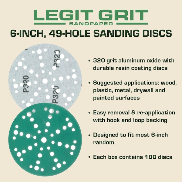 Legit Grit 6 inch Sand paper Disc, 49-Hole, 320 Grit, 100PK - LG6-49320-100
