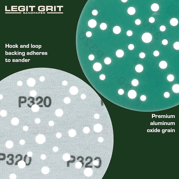 Legit Grit 6 inch Sand paper Disc, 49-Hole, 320 Grit, 100PK - LG6-49320-100