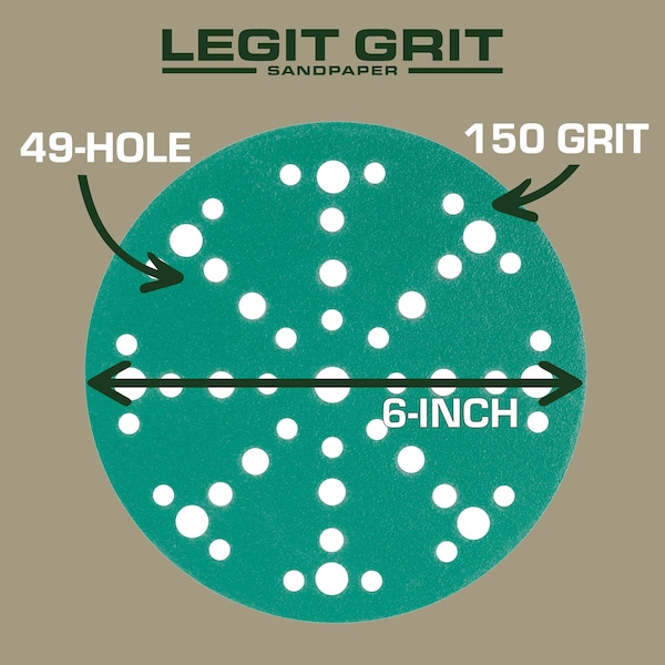 Legit Grit 6 inch Sand paper Disc, 49-Hole, 150 Grit, 50PK - LG6-49150-50