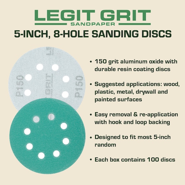 Legit Grit 5 inch Sand paper Disc, 8-Hole, 150 Grit, 100PK - LG5-8150-100