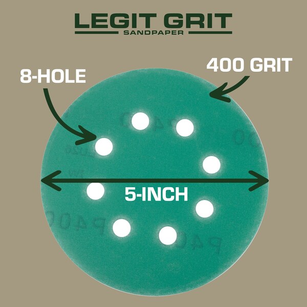Legit Grit 5 inch Sand paper Disc, 8-Hole, 400 Grit, 100PK - LG5-8400-100