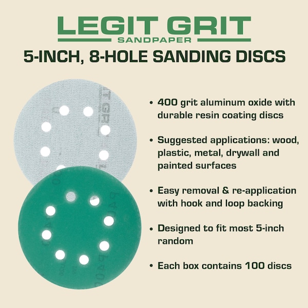 Legit Grit 5 inch Sand paper Disc, 8-Hole, 400 Grit, 100PK - LG5-8400-100