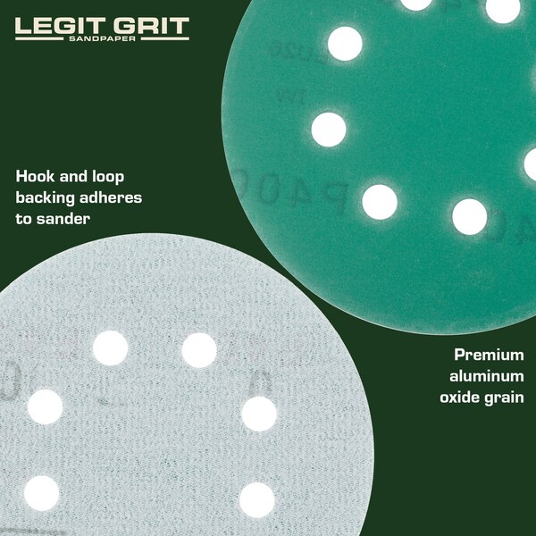 Legit Grit 5 inch Sand paper Disc, 8-Hole, 400 Grit, 100PK - LG5-8400-100
