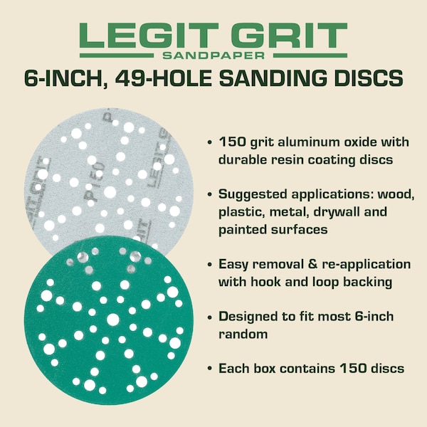 Legit Grit 6 inch Sand paper Disc, 49-Hole, 150 Grit, 150PK - LG6-49150-150
