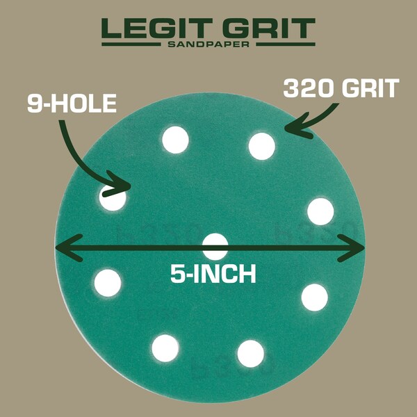 Legit Grit 5 inch Sand paper Disc, 9-Hole, 320 Grit, 50PK - LG5-9320-50