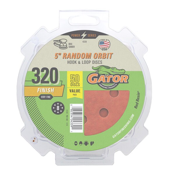 Gator Finishing 5" Red Resin Random Orbit Sander Hook and Loop Discs, 320 Very Fine Finish - 4339