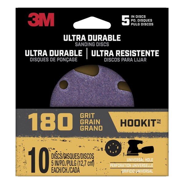 3M Ultra Durable 5 inch Power Sanding Discs, Universal Hole, 180 grit, 12PK - DISC5IN10PK180