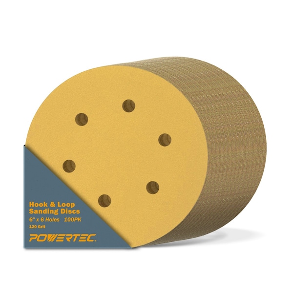 Powertec 120 Grit, 6 Inch 6 Hole Hook and Loop Sanding Discs for Random Orbital Sander, 100PK - 45212G-50-P2