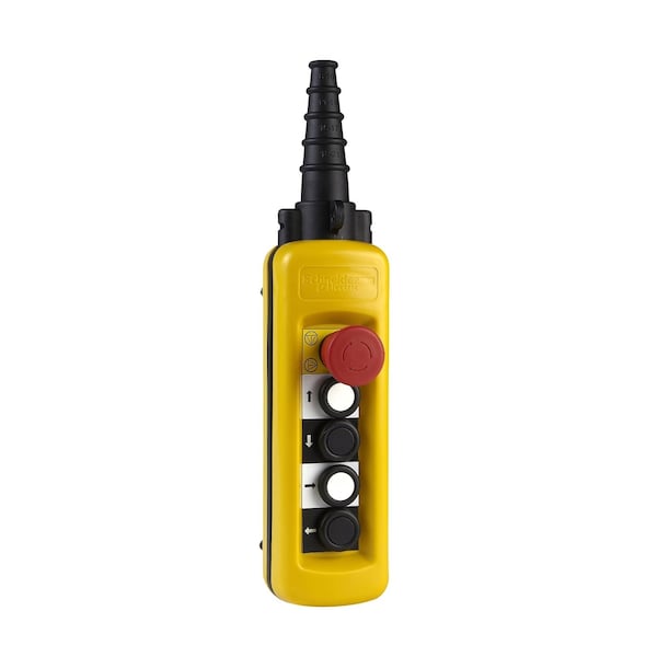 Estación de control colgante Schneider Electric, Harmony XAC, plástico, amarillo, 4 botones de presión 1NA + 1NC, 1 paro de emergencia con acción de disparo 1NC - XACA4812.