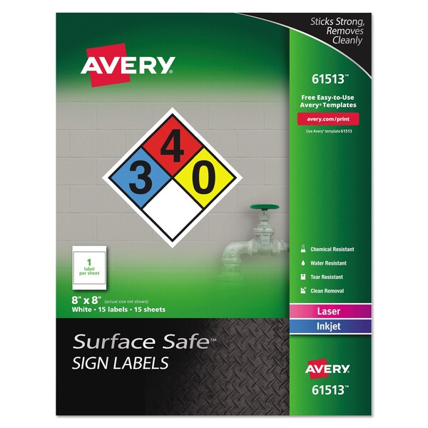 Avery Surface Safe Removable Label Safety Sign, Inkjet/Laser, 8x8, Wht, PK15 - 61513