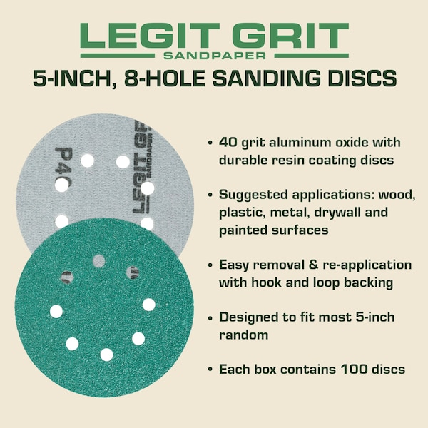 Legit Grit 5 inch Sand paper Disc, 8-Hole, 40 Grit, 100PK - LG5-840-100