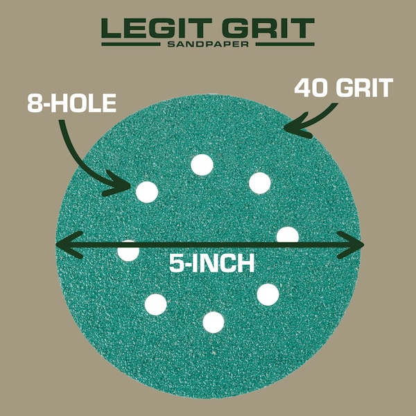 Legit Grit 5 inch Sand paper Disc, 8-Hole, 40 Grit, 100PK - LG5-840-100