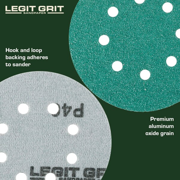 Legit Grit 5 inch Sand paper Disc, 8-Hole, 40 Grit, 100PK - LG5-840-100