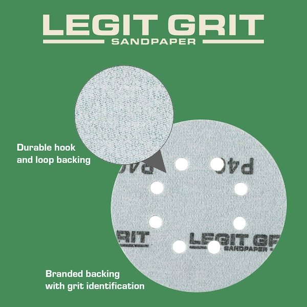 Legit Grit 5 inch Sand paper Disc, 8-Hole, 40 Grit, 100PK - LG5-840-100
