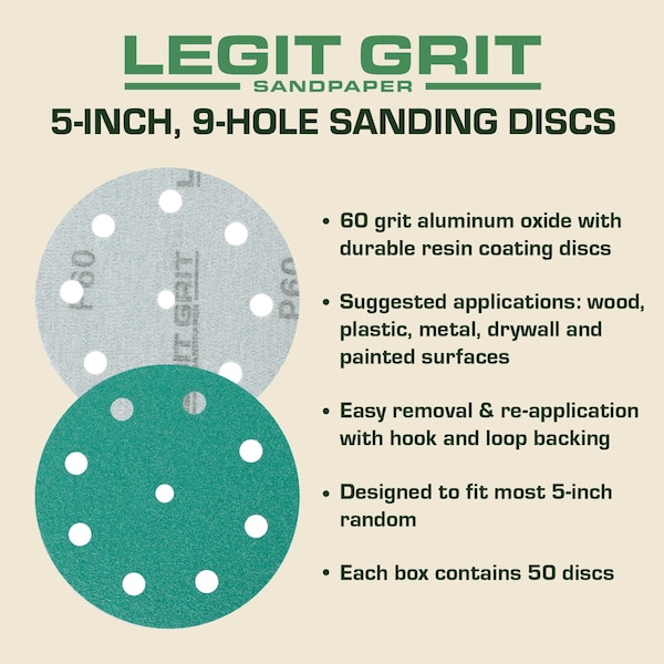Legit Grit 5 inch Sand paper Disc, 9-Hole, 60 Grit, 50PK - LG5-960-50