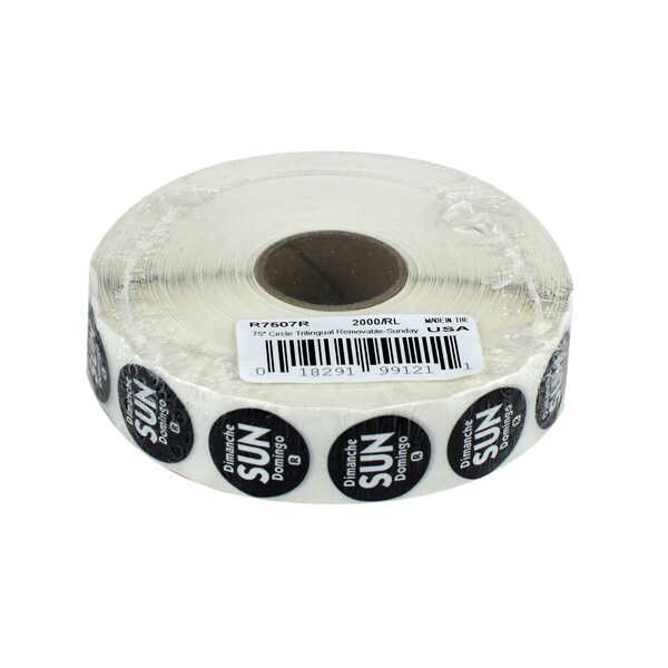 National Checking .75" Circle Trilingual Removable Black Sunday Label, PK2000 - R7507R