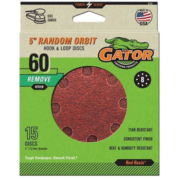Gator Sanding Disc, 5 in Dia, 60 Grit, Coarse, Aluminum Oxide Abrasive, Vented - 4144