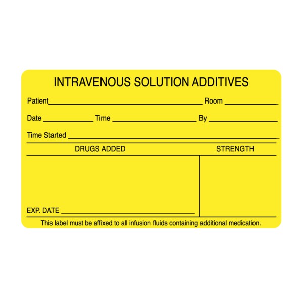 Nevs Label, Intravenous Solution Additives 2-7/16" x 4" Yellow w/Black - PMA-240