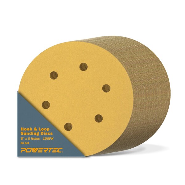 Powertec 60 Grit, 6 Inch 6 Hole Hook and Loop Sanding Discs for Random Orbital Sander, 100PK - 45206G-50-P2